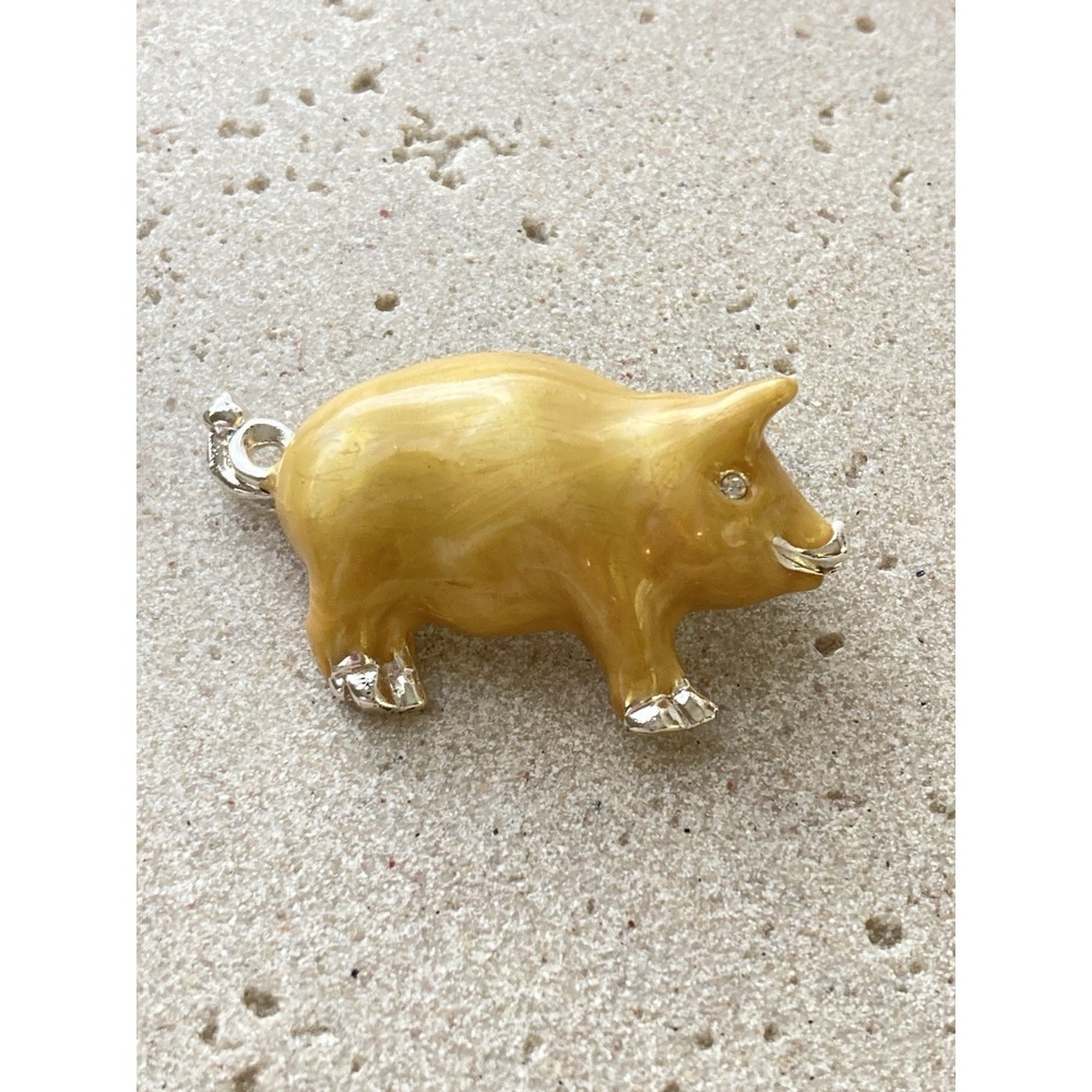 Vintage Pig Brooch Butterscotch Yellow Enamel Silver Tone Rhinestone‎ Animal